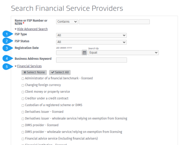 Screenshot showing the five advanced search options described above.